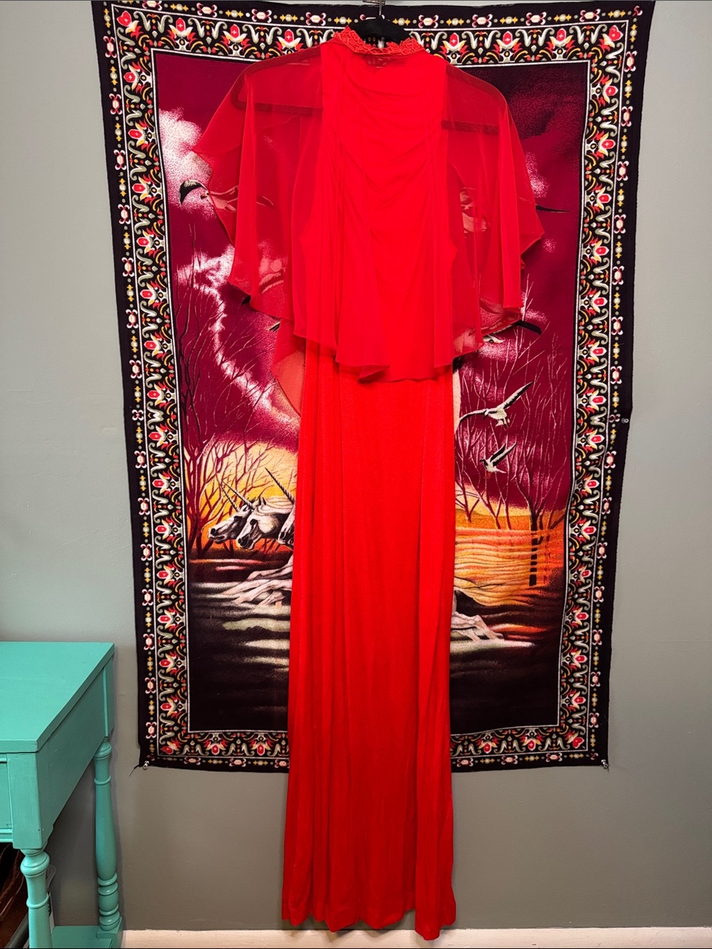 vintage 70s Corky Craig California red formal evening gown w/ sheer cape overlay